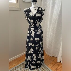 Long black floral wrap dress